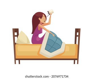 Sleep time composition with female character eating sleeping pills sitting on bed flat isolated vector illustration