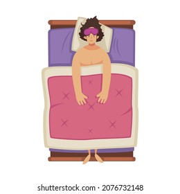 Sleep time composition with top view of sleepless man lying in bed with mask flat isolated vector illustration