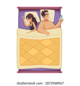 Sleep time composition with view of couple in bed with sleeping woman and awake man with smartphone flat vector illustration