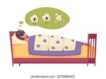 Sleep time composition with view of woman lying in bed with sleeping mask counting sheeps in dreams flat isolated vector illustration