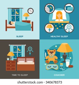 Sleep time design concept set with bedroom interior icons isolated vector illustration