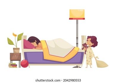 Sleep time flat composition with woman in bed and yawning little kid vector illustration