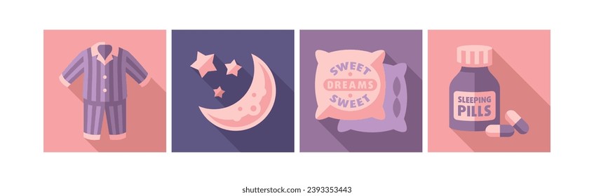 Sleep Time Flat Icons and Object in Square Shape Vector Set