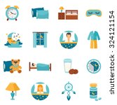 Sleep time flat icons set with alarm clock pillows and bedroom furniture isolated vector illustration