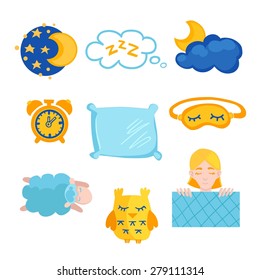 Sleep time flat icons set isolated vector illustration
