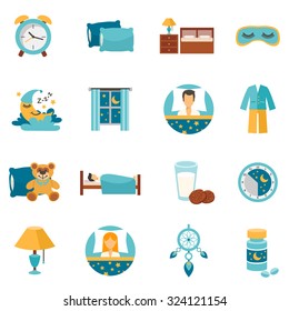 Sleep time flat icons set with alarm clock pillows and bedroom furniture isolated vector illustration