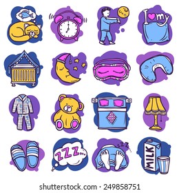 Sleep time hand drawn decorative icons set with mask milk alarm clock isolated vector illustration