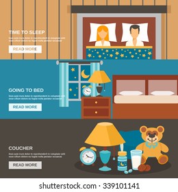 Sleep time horizontal banner set with bed and household objects elements isolated vector illustration