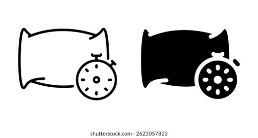 Sleep time icon with pillow and alarm clock. Linear and silhouette style.