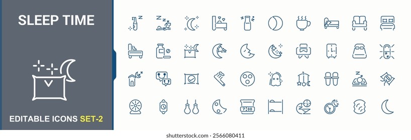 Sleep time icon set. Containing night, rest, bed, rest, bedroom, pillow, relaxation, people. Minimalistic icons. Vector icons editable stroke.