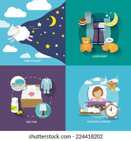 Sleep time icons flat set with good night bed colourful dreams isolated vector illustration