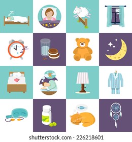 Sleep Time Icons Flat Set With Bed Alarm Clock Mask Isolated Vector Illustration.