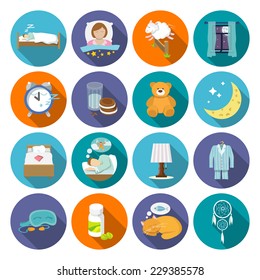 Sleep time icons flat set with window milk and cookies isolated vector illustration