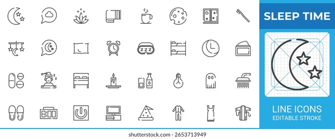 Ícone da linha do tempo de repouso definido no estilo de vetor de contorno. Inclui ícones como lua, estrelas, despertador, travesseiro, cobertor, máscara de sono, xícara de chá, lâmpada, pílulas para dormir, vela, chuveiro, cama e pijamas