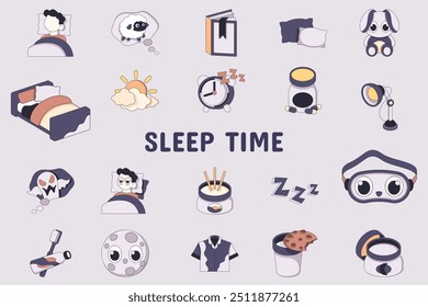 Sleep Time Lineal Color Vector Illustration Icon Sticker Set Design Materials