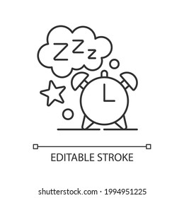 Sleep time linear icon. Alarm clock. Watch dial with nighttime. Countdown to morning wake up. Thin line customizable illustration. Contour symbol. Vector isolated outline drawing. Editable stroke