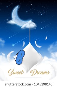 Sleep time in moon night realistic poster with feather pillow and eye patch for sleep at starry sky background vector illustration