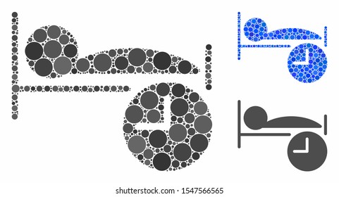 Sleep time mosaic of round dots in various sizes and color tints, based on sleep time icon. Vector round dots are combined into blue collage. Dotted sleep time icon in usual and blue versions.