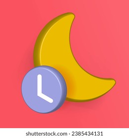 Sleep time night mode 3d graphic icon vector illustration, nighttime status or silence do not disturb clock with moon crescent cartoon symbol image clipart