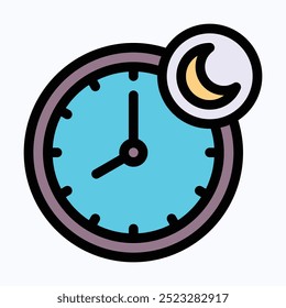 Sleep Time Night Mode, Bedtime Clock With Moon Vector Icon, Isolated Lineal Color Vector Icon.
