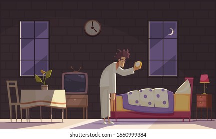 Sleep time and nightstand background with late hour  symbols flat vector illustration