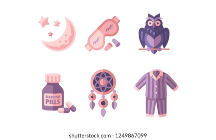 Sleep time, objects for sleep,moon and stars, mask, owl, botlle of pills, dreamcatcher, pajamas, good night flat vector Illustration