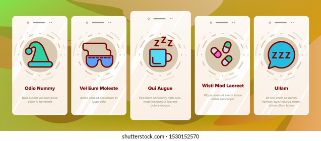 Sleep Time Onboarding Mobile App Page Screen Vector Icons Set Thin Line. Bed And Lamp, Slippers And Clock With Alarm Signal, Drink Cup And Pills Concept. Contour Illustrations