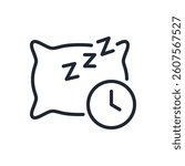 Sleep time and pillow editable stroke outline icon isolated on white background flat vector illustration. Pixel perfect. 64 x 64.