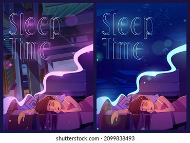 Sleep time posters with woman naps and sees dreams. Vector banners with cartoon illustrations of girl sleeping in bed under blanket, top view of city street and underwater sea life