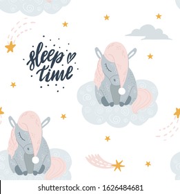Sleep time seamless pattern with cute unicorn napping in hat on sky cloud. Hand drawn miracle horse sleeping for childish design. Fairy tale creature for kid cotton clothing design in pastel color.