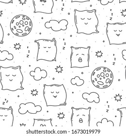 Sleep time seamless pattern with pillows, clouds, stars and moon. Night vector illustration in doodle style.