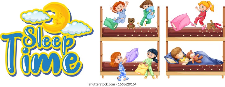 Sleep time sign with many kids in bed illustration