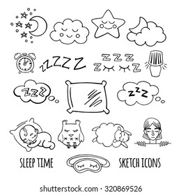 Sleep Time Sketch Icons Set Isolated Vector Illustration