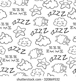 Sleep Time Sketch Icons White And Black Vector Seamless Pattern