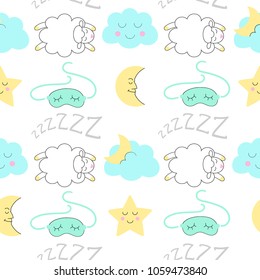 Sleep time sketch  seamless vector pattern. Night illustration.