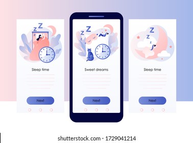 Sleep time. Sweet dreams. Good health and work of biological rhythms. Tiny woman sleeps in mask. Screen template for mobile smart phone. Modern flat cartoon style. Vector illustration 