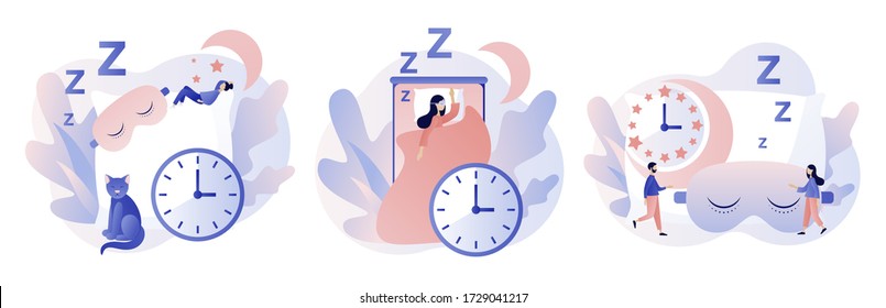 Sleep time. Sweet dreams. Good health and work of biological rhythms. Tiny woman sleeps in mask. Modern flat cartoon style. Vector illustration on white background