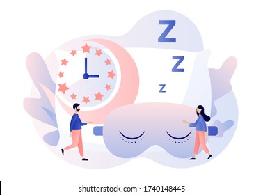 Tiempo de sueño. Dulces sueños. Buena salud y trabajo de ritmos biológicos. Gente pequeña preparándose para dormir. Estilo moderno de dibujos animados planos. Ilustración del vector sobre fondo blanco