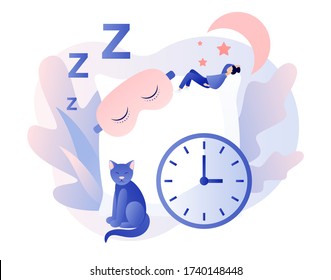 Sleep time. Sweet dreams. Good health and work of biological rhythms. Tiny woman sleeps in mask on a huge pillow. Modern flat cartoon style. Vector illustration on white background