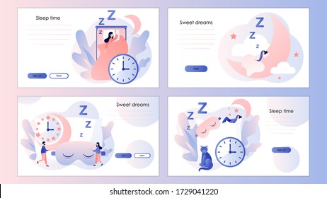 Sleep time. Sweet dreams. Tiny woman sleeps in mask. Screen template for mobile smart phone, landing page, template, ui, web, mobile app, poster, banner, flyer. Modern flat cartoon style. Vector 
