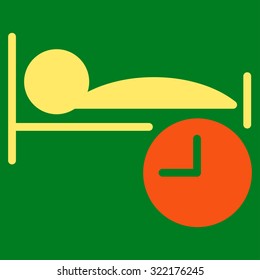 Sleep Time vector icon. Style is bicolor flat symbol, orange and yellow colors, rounded angles, green background.