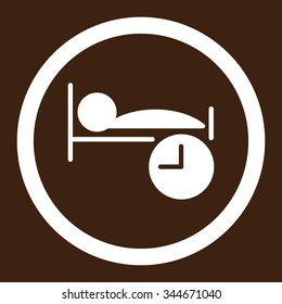 Sleep Time vector icon. Style is flat rounded symbol, white color, rounded angles, brown background.