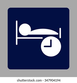 Sleep Time vector icon. Style is flat rounded square button, white and dark blue colors, silver background.