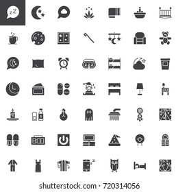 Sleep time vector icons set, modern solid symbol collection, filled pictogram pack. Signs, logo illustration. Set includes icons as bed, dream, night, moon, star, pillow, pajamas, slippers
