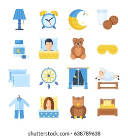 Conjunto vectorial de tiempo de espera de iconos en un estilo plano. Accesorios para dormir pijama, máscara, almohadas, cama, píldoras para dormir, despertador, máscara. Iconos de hombre y mujer durmiendo. 