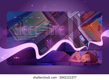 Sleep time website with woman naps and top view of city street. Vector landing page with cartoon illustration of girl sleeping in bed under blanket and see in dreams cityscape with building roofs