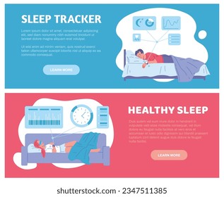 Sleep tracker aplicación publicidad banners web set, ilustración vectorial plana. Gente durmiendo con relojes inteligentes rastreando la calidad de su sueño. Concepto de sueño sano.