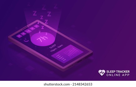 Sleep tracker concept. Smartphone and alarm clock, modern technology and digital world. Gadgets and devices. Evaluation of quality of recovery, comfortable night. Cartoon isometric vector illustration