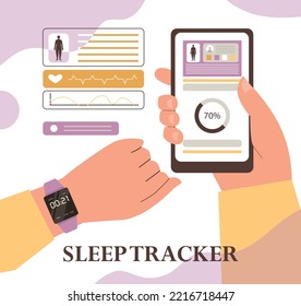 Sleep tracker digital electronic device or application software technology. Banner on concept of control healthy lifestyle via sleeptracker, flat vector illustration.