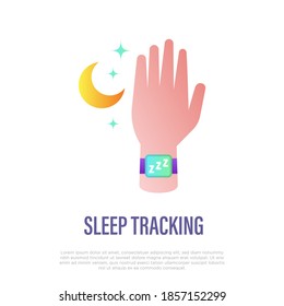 Seguimiento del sueño por parte de smartwatch. Gadget para control corporal, bienestar y prevención de trastornos del sueño. Icono de gradiente plano. Ilustración vectorial.